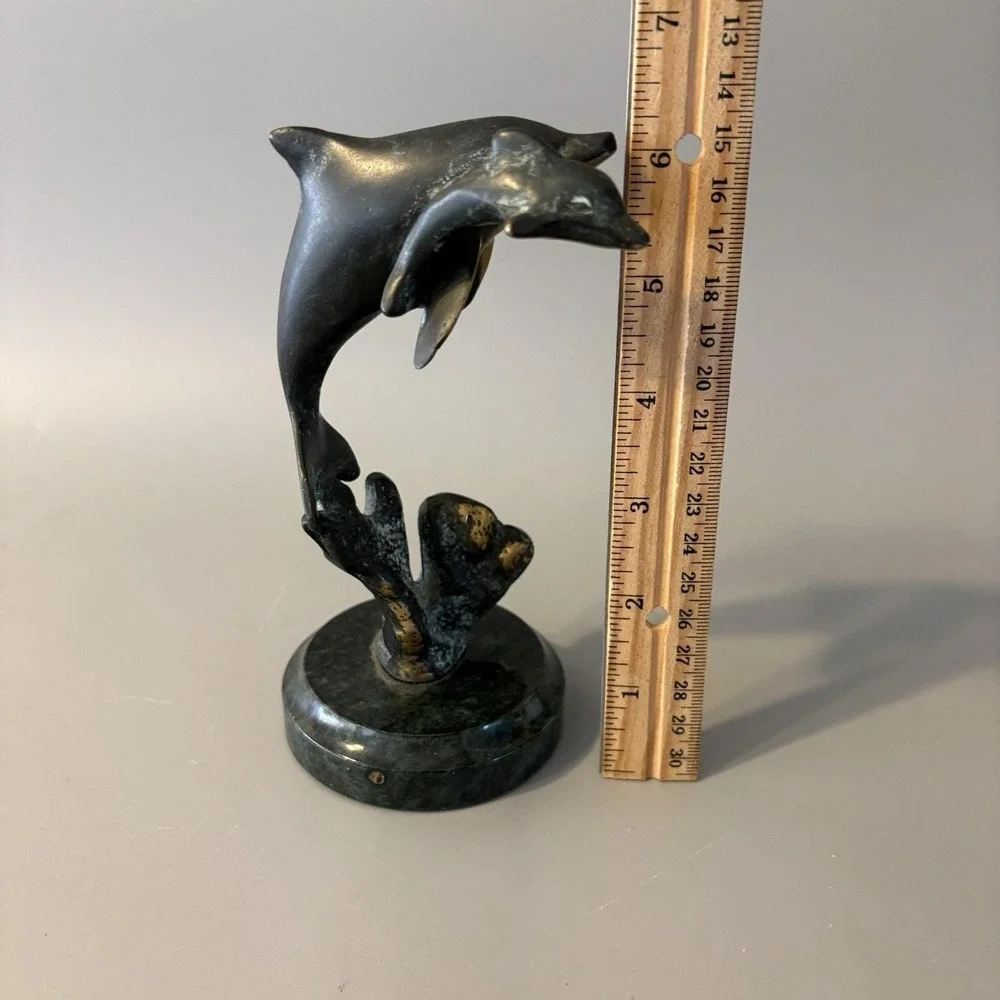 Vintage Verdigris Brass Dolphins Statue Verdigris Marble Base 6